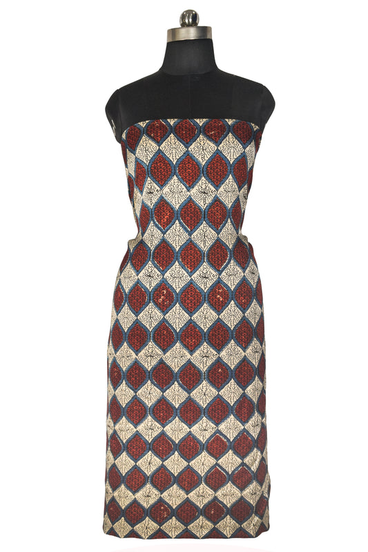 Ajrakh Modal Silk Natural Dye Hand Block Print Unstitched Kurta Fabric   3 Mtr  Length  -  SKU : AI22502N