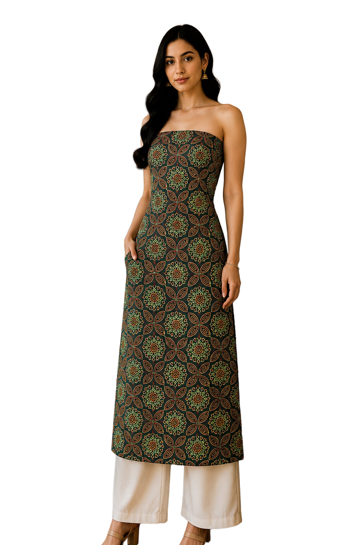 Ajrakh Modal Silk Natural Dye Hand Block Print Unstitched Kurta Fabric  Mtr Length  2.5 Mtr  Length  -  SKU : AI06401Z