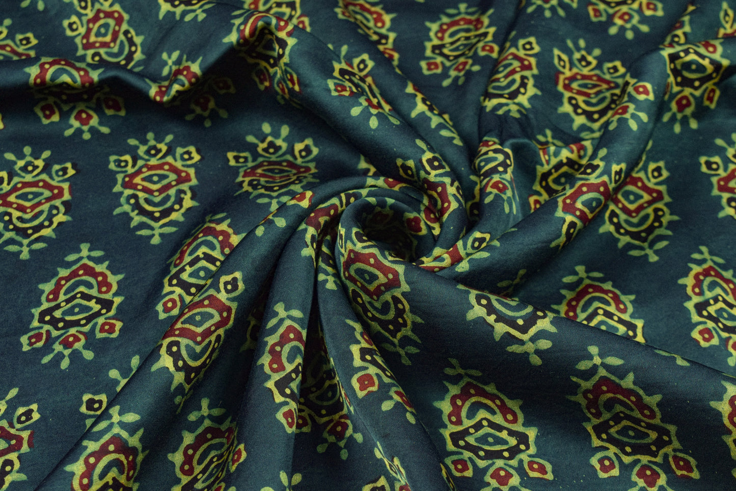 Ajrakh Modal Silk Natural Dye Hand Block Print Unstitched Kurta Fabric  Mtr Length  3 Mtr  Length  -  SKU : AI06402B
