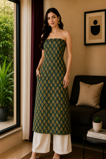 Ajrakh Modal Silk Natural Dye Hand Block Print Unstitched Kurta Fabric  2.50 Mtr Length   -  SKU : AI30101X