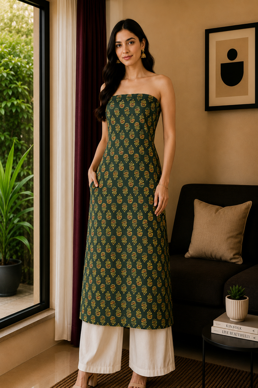Ajrakh Modal Silk Natural Dye Hand Block Print Unstitched Kurta Fabric  2.50 Mtr Length   -  SKU : AI30101X