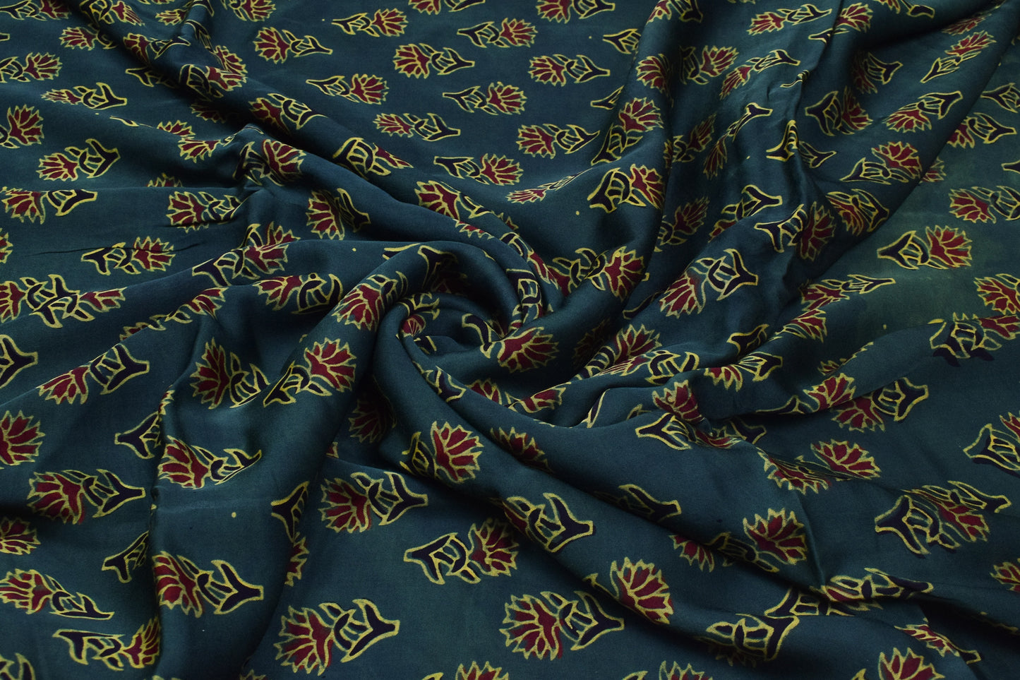 Ajrakh Modal Silk Natural Dye Hand Block Print Unstitched Kurta Fabric   3.00 Mtr Length  -  SKU : AI30102X