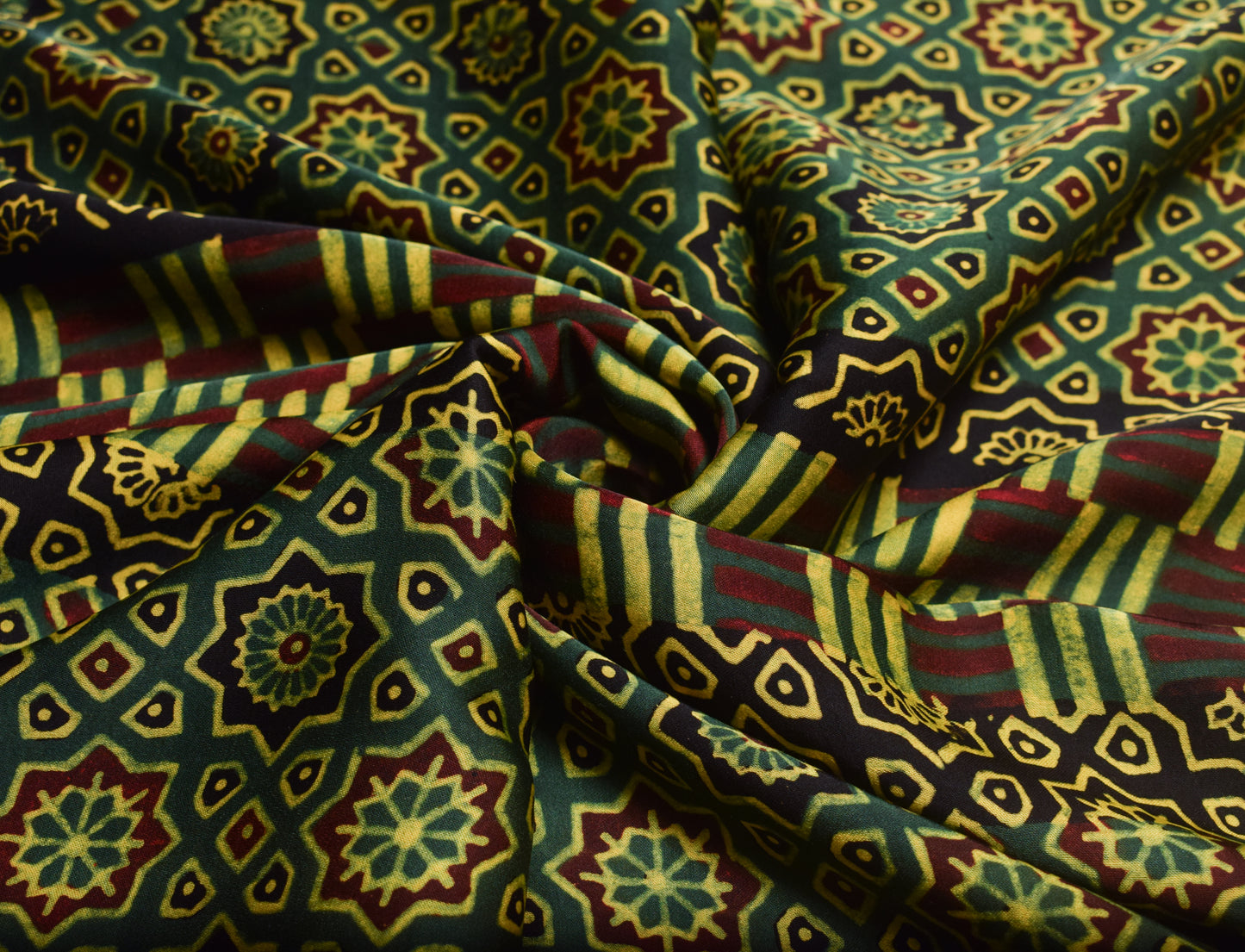 Ajrakh Modal Silk Natural Dye Hand Block Print Fabric    2.5 Mtr  Length  -  SKU : ID21902H