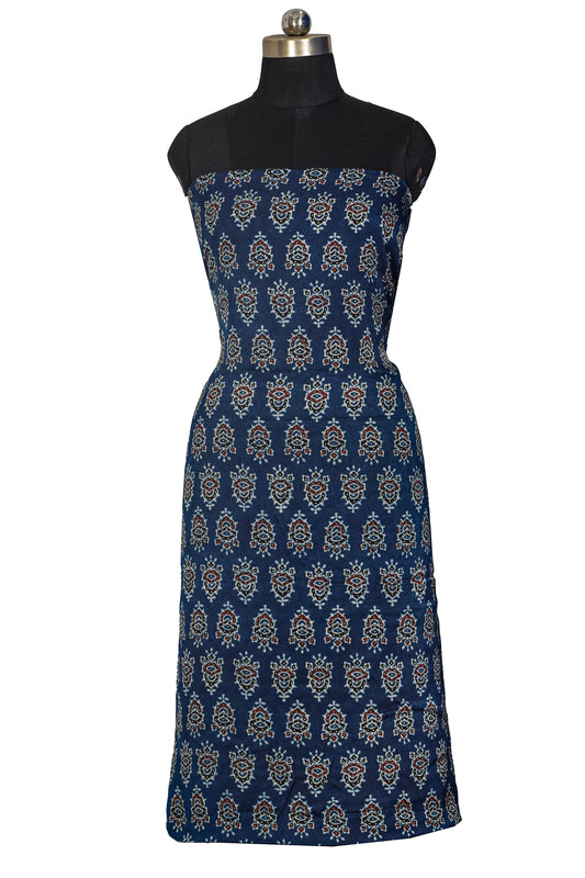 Ajrakh Modal Silk Natural Dye Hand Block Print Unstitched Kurta Fabric  Mtr Length  3 Mtr  Length  -  SKU : AI06402A
