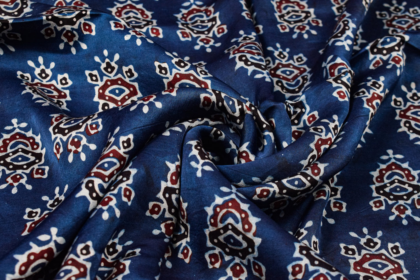 Ajrakh Modal Silk Natural Dye Hand Block Print Unstitched Kurta Fabric  Mtr Length  3 Mtr  Length  -  SKU : AI06402A