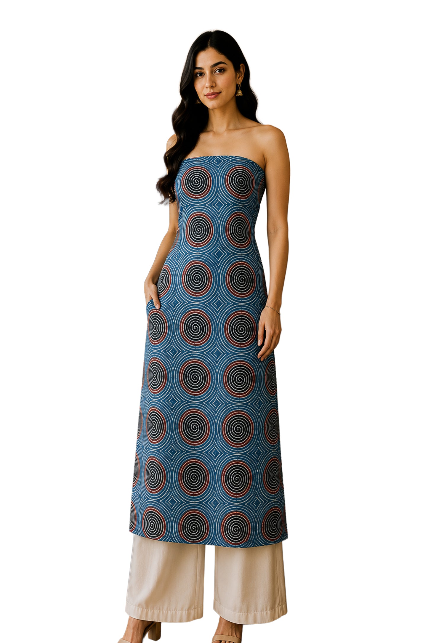 Ajrakh Modal Silk Natural Dye Hand Block Print Unstitched Kurta Fabric  Mtr Length  3 Mtr  Length  -  SKU : AI06402Q