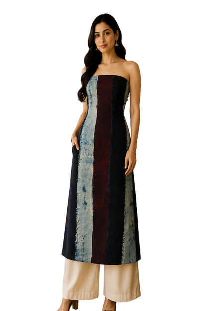 Ajrakh Modal Silk Natural Dye Hand Block Print Unstitched Kurta Fabric  2.50 Mtr Length   -  SKU : AI20101K