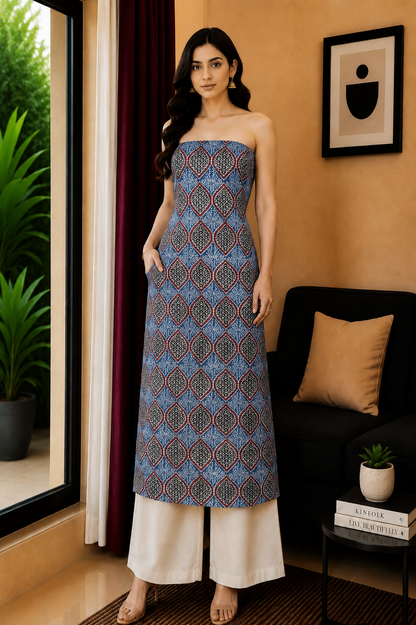 Ajrakh Modal Silk Natural Dye Hand Block Print Unstitched Kurta Fabric   3.0 Mtr  Length  -  SKU : AI22502M