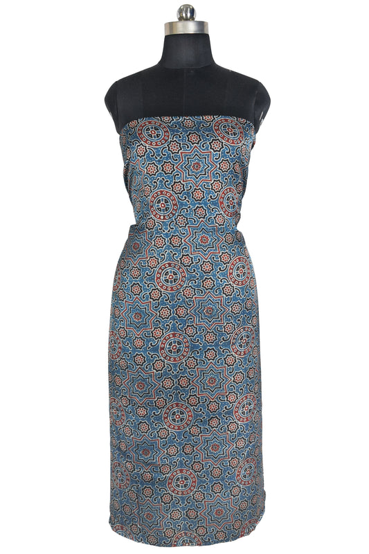 Ajrakh Modal Silk Natural Dye Hand Block Print Unstitched Kurta Fabric   3 Mtr  Length  -  SKU : AI22502R