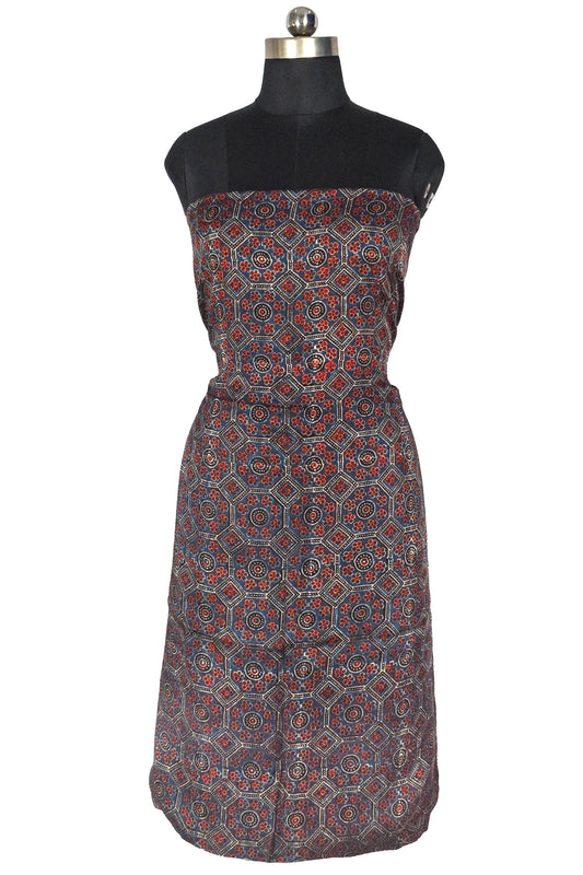 Ajrakh Modal Silk Natural Dye Hand Block Print Unstitched Kurta Fabric  Mtr Length  2.6 Mtr  Length  -  SKU : EK30301A