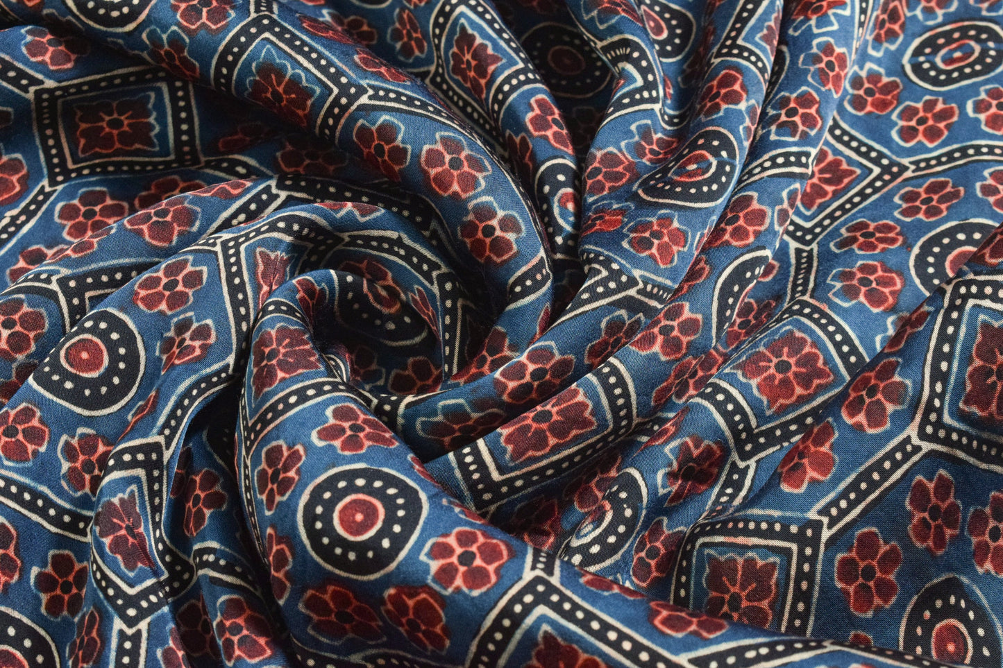 Ajrakh Modal Silk Natural Dye Hand Block Print Unstitched Kurta Fabric  Mtr Length  2.6 Mtr  Length  -  SKU : EK30301A