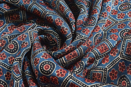 Ajrakh Modal Silk Natural Dye Hand Block Print Unstitched Kurta Fabric  Mtr Length  2.6 Mtr  Length  -  SKU : EK30301A