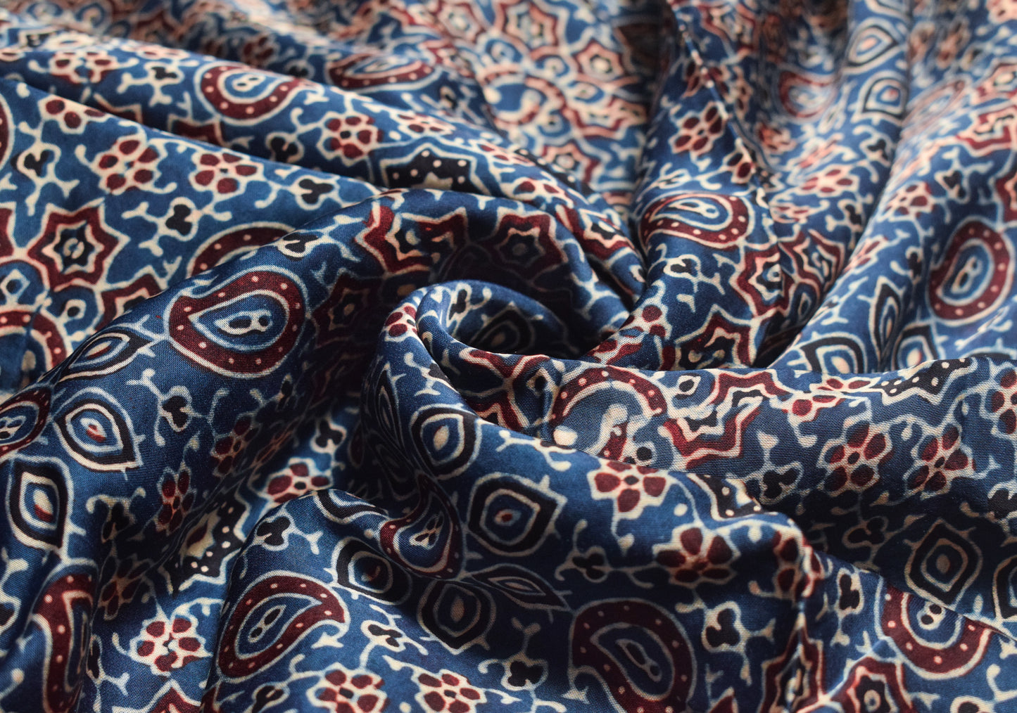 Ajrakh Modal Silk Natural Dye Hand Block Print Unstitched Kurta Fabric    2.5 Mtr  Length  -  SKU : ID24B01T