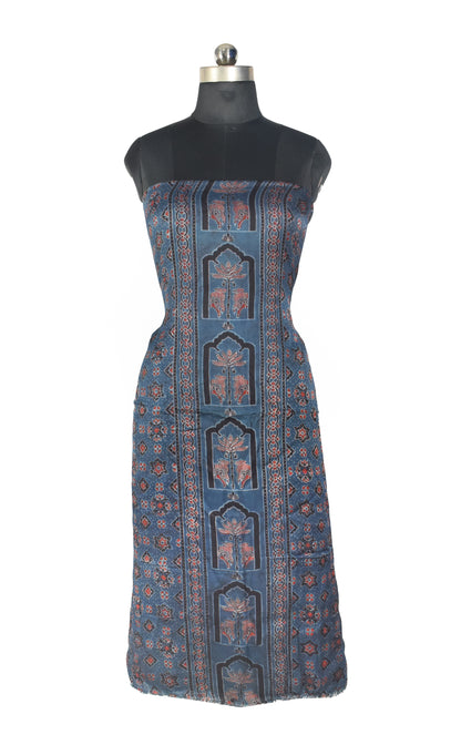 Ajrakh Modal Silk Natural Dye Hand Block Print Unstitched Kurta Fabric  2.40 Mtr  Length  -  SKU : KB28501A