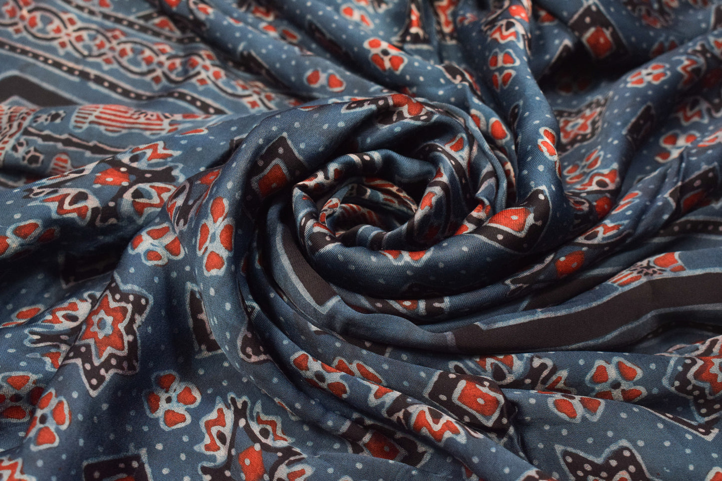Ajrakh Modal Silk Natural Dye Hand Block Print Unstitched Kurta Fabric  2.40 Mtr  Length  -  SKU : KB28501A