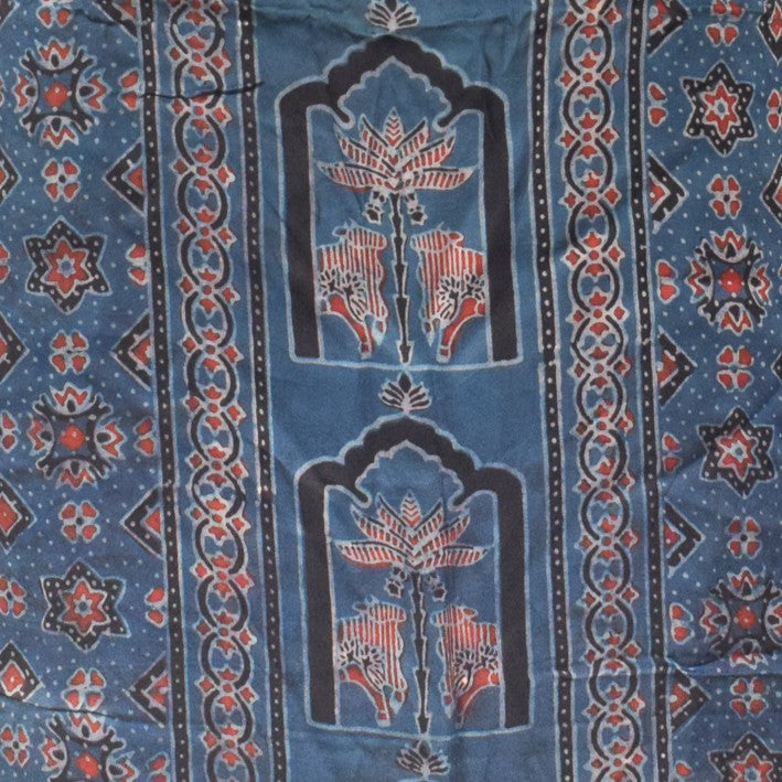 Ajrakh Modal Silk Natural Dye Hand Block Print Unstitched Kurta Fabric  2.40 Mtr  Length  -  SKU : KB28501A
