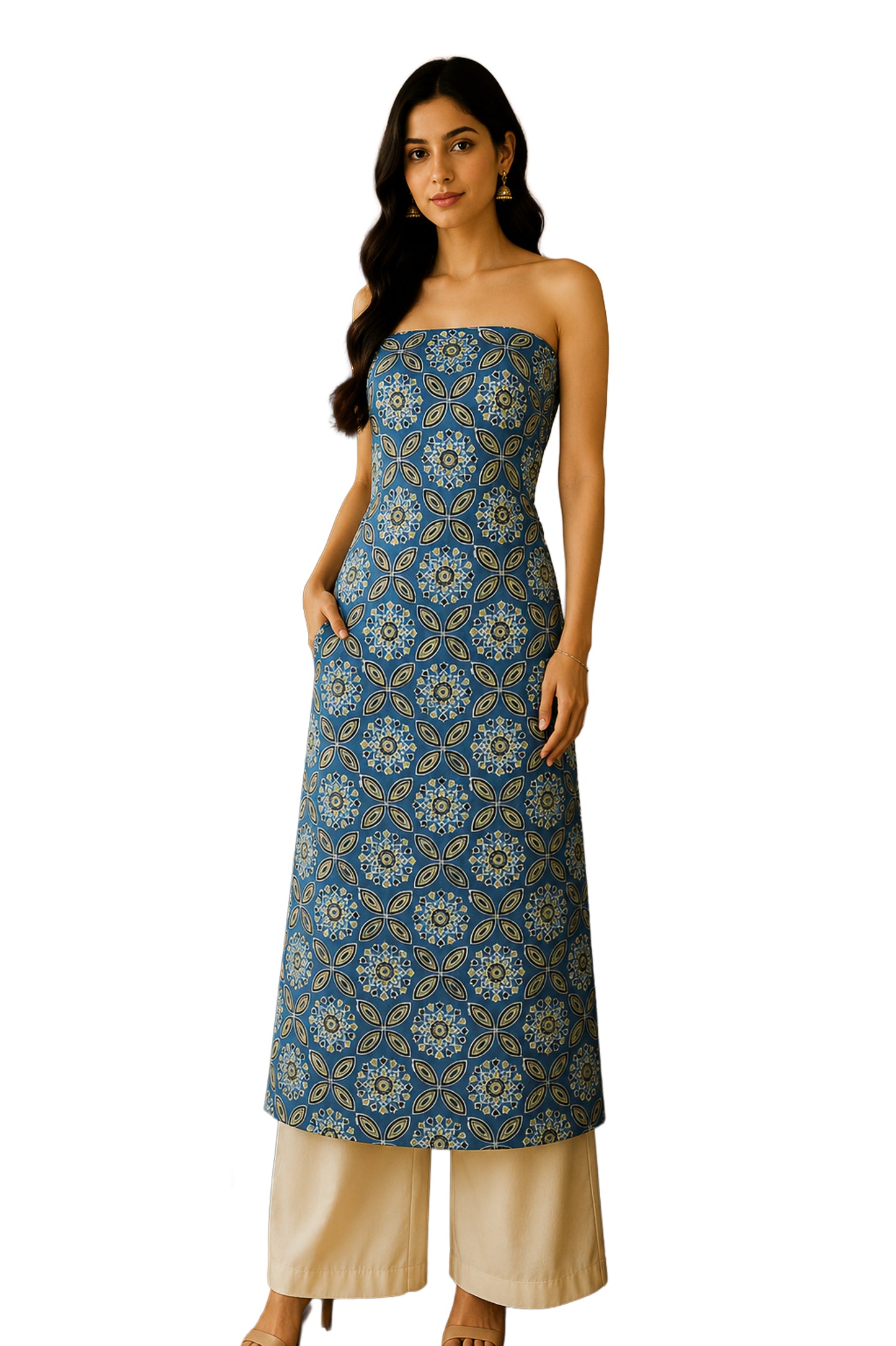Ajrakh Modal Silk Natural Dye Hand Block Print Unstitched Kurta Fabric  Mtr Length  2.5 Mtr  Length  -  SKU : AI0640AF