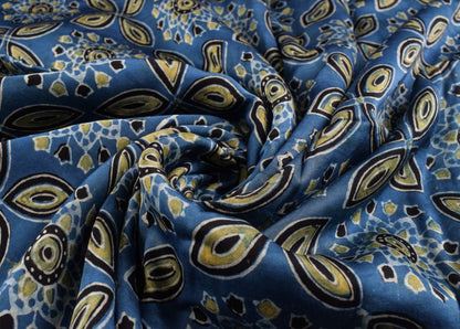 Ajrakh Modal Silk Natural Dye Hand Block Print Unstitched Kurta Fabric  Mtr Length  3 Mtr  Length  -  SKU : AI0640BF