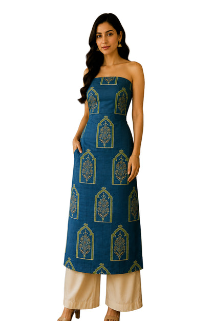 Ajrakh Modal Silk Natural Dye Hand Block Print Unstitched Kurta Fabric  2.50 Mtr Length   -  SKU : AI17101Z