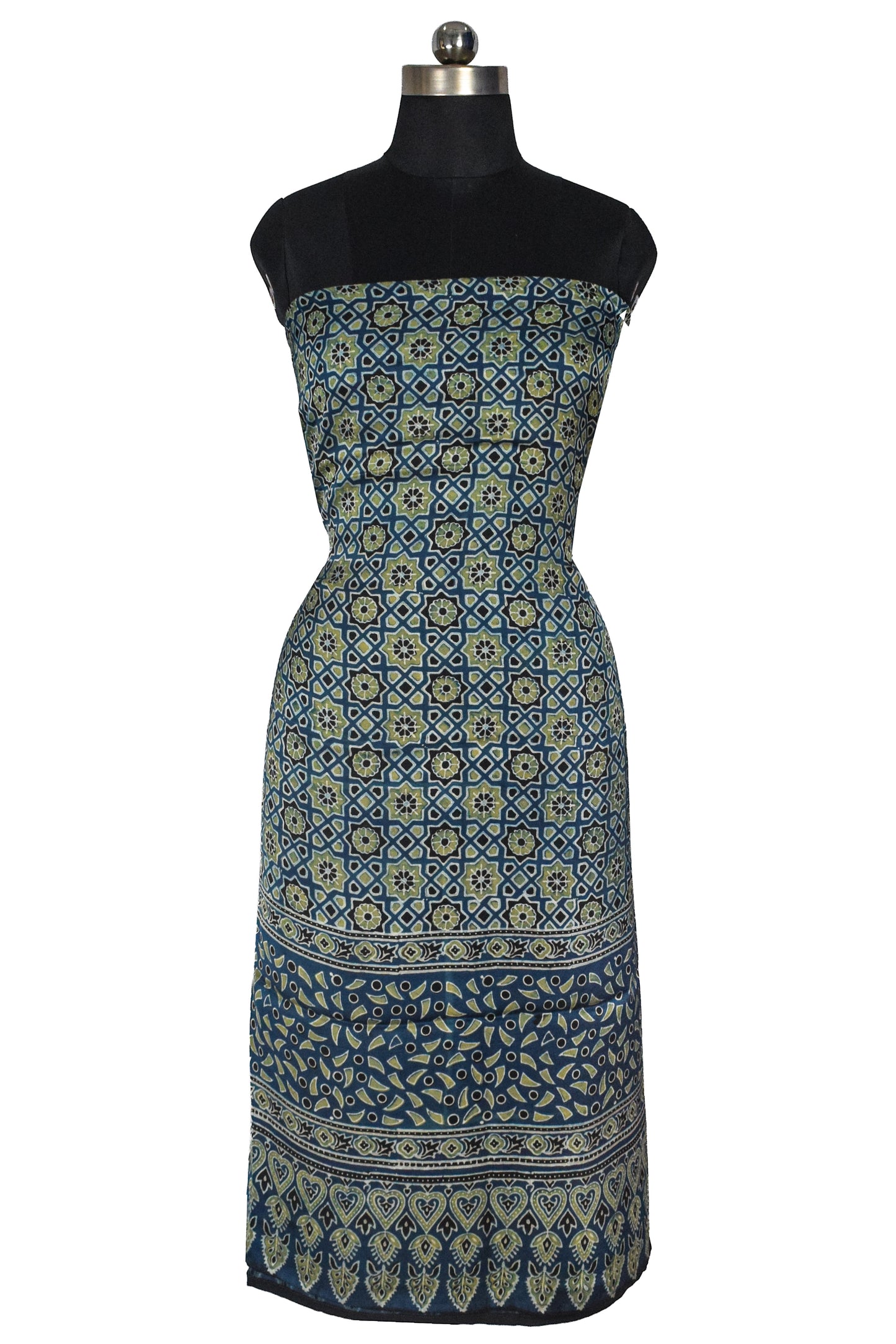 Ajrakh Modal Silk Natural Dye Hand Block Print Unstitched Kurta Fabric  Mtr Length  2.25 Mtr  Length  -  SKU : EK30301B