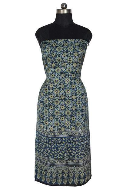 Ajrakh Modal Silk Natural Dye Hand Block Print Unstitched Kurta Fabric  Mtr Length  2.25 Mtr  Length  -  SKU : EK30301B