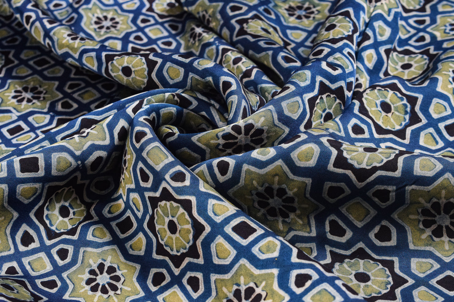 Ajrakh Modal Silk Natural Dye Hand Block Print Unstitched Kurta Fabric  Mtr Length  2.25 Mtr  Length  -  SKU : EK30301B