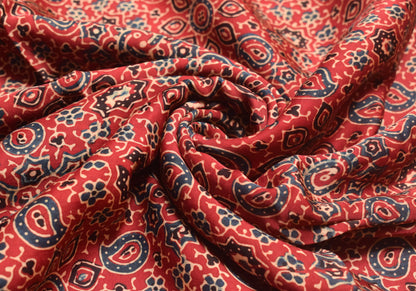 Ajrakh Modal Silk Natural Dye Hand Block Print Unstitched Kurta Fabric    2.5 Mtr  Length  -  SKU : ID24B01P