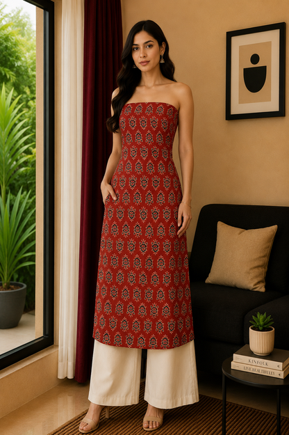 Ajrakh Modal Silk Natural Dye Hand Block Print Unstitched Kurta Fabric  Mtr Length  2.5 Mtr  Length  -  SKU : AI06401E