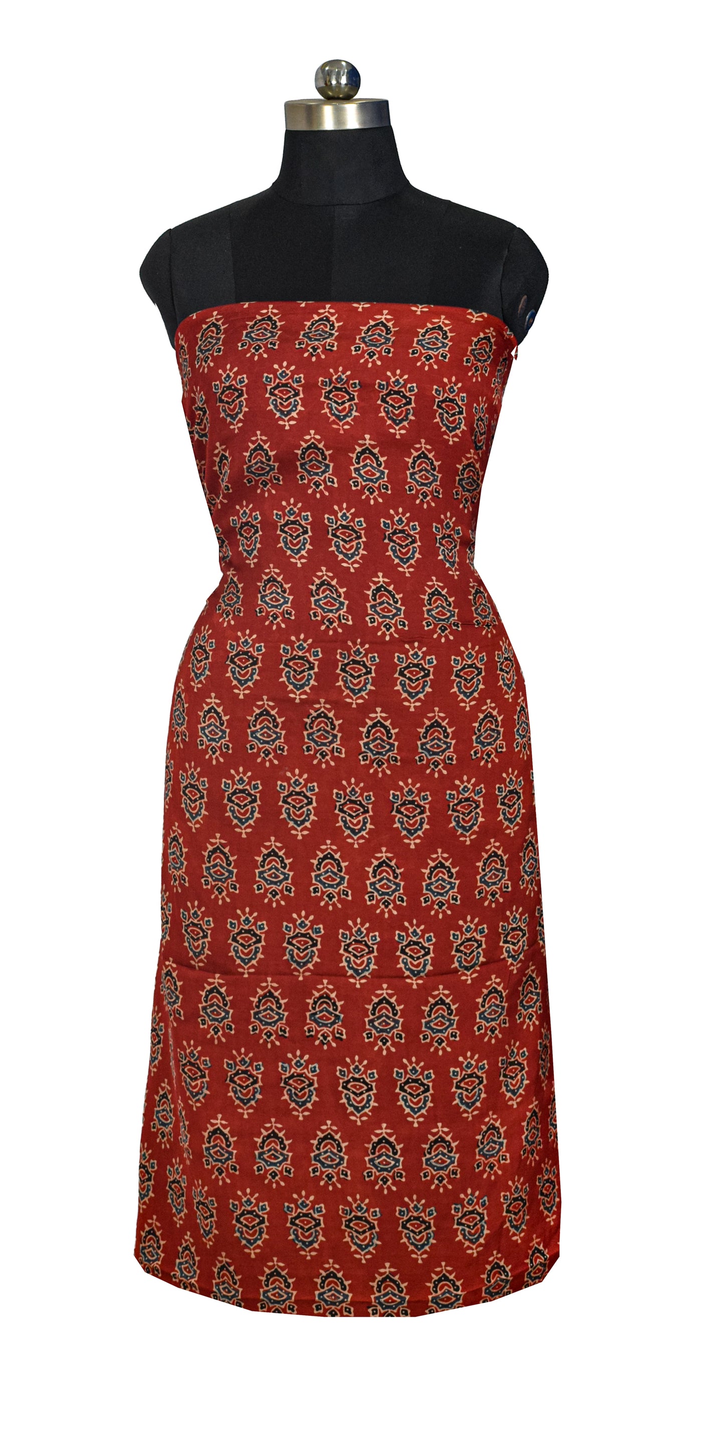 Ajrakh Modal Silk Natural Dye Hand Block Print Unstitched Kurta Fabric  Mtr Length  2.5 Mtr  Length  -  SKU : AI06401E