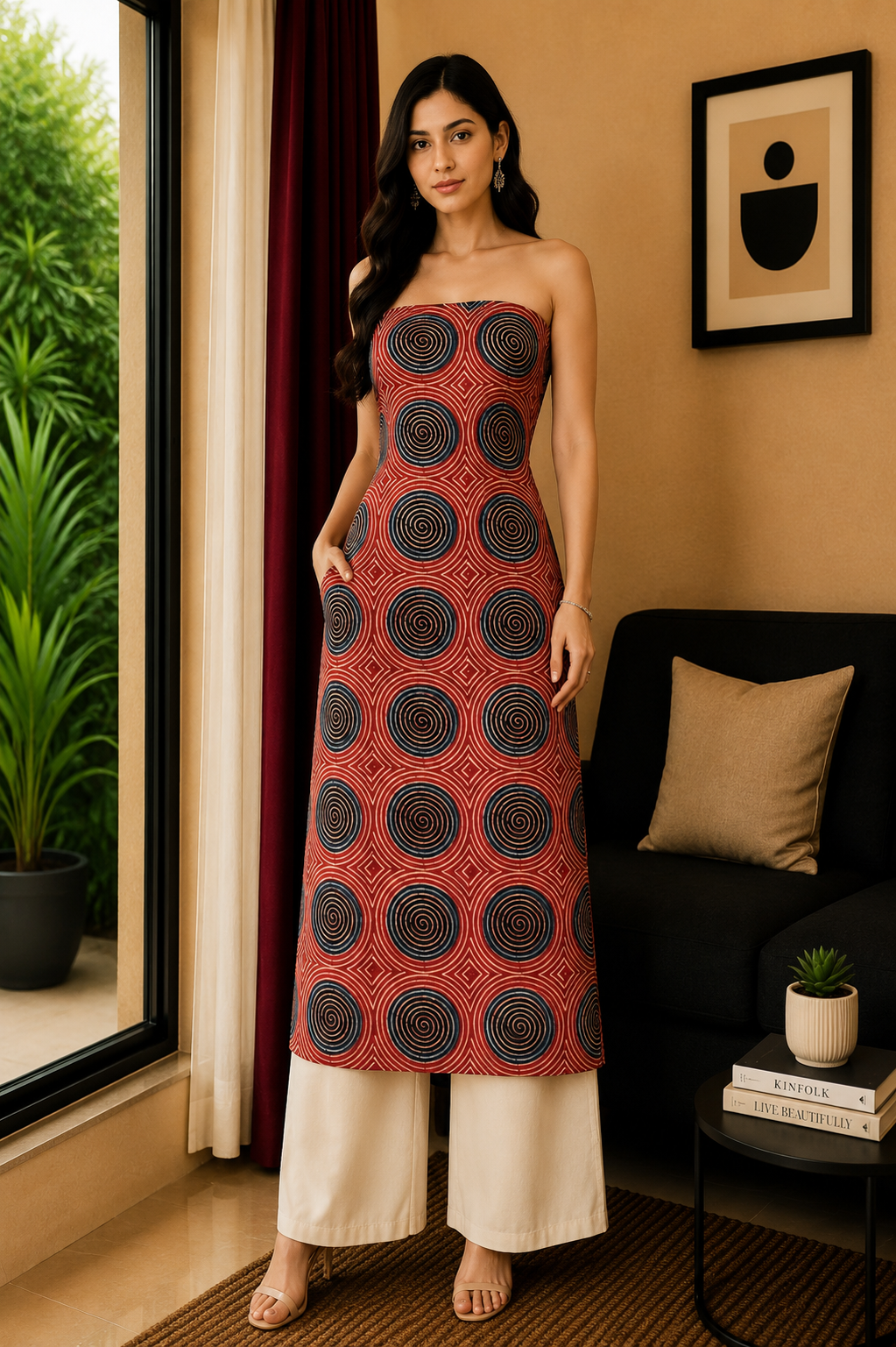 Ajrakh Modal Silk Natural Dye Hand Block Print Unstitched Kurta Fabric  Mtr Length  2.5 Mtr  Length  -  SKU : AI06401M
