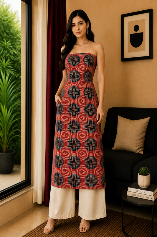 Ajrakh Modal Silk Natural Dye Hand Block Print Unstitched Kurta Fabric  Mtr Length  2.5 Mtr  Length  -  SKU : AI06401M