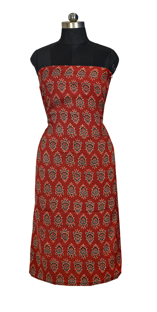 Ajrakh Modal Silk Natural Dye Hand Block Print Unstitched Kurta Fabric  Mtr Length  3 Mtr  Length  -  SKU : AI06402E