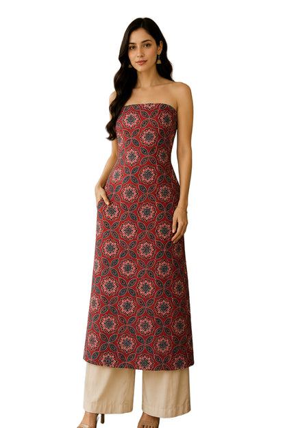 Ajrakh Modal Silk Natural Dye Hand Block Print Unstitched Kurta Fabric  Mtr Length  2.5 Mtr  Length  -  SKU : AI0640AC