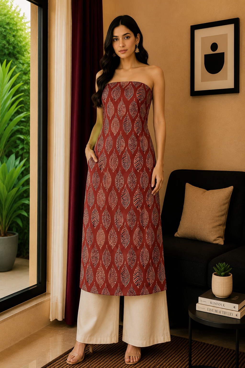 Ajrakh Modal Silk Natural Dye Hand Block Print Unstitched Kurta Fabric  2.50 Mtr Length   -  SKU : AI17101W