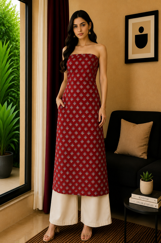 Ajrakh Modal Silk Natural Dye Hand Block Print Unstitched Kurta Fabric   3.00 Mtr Length  -  SKU : AI17102W