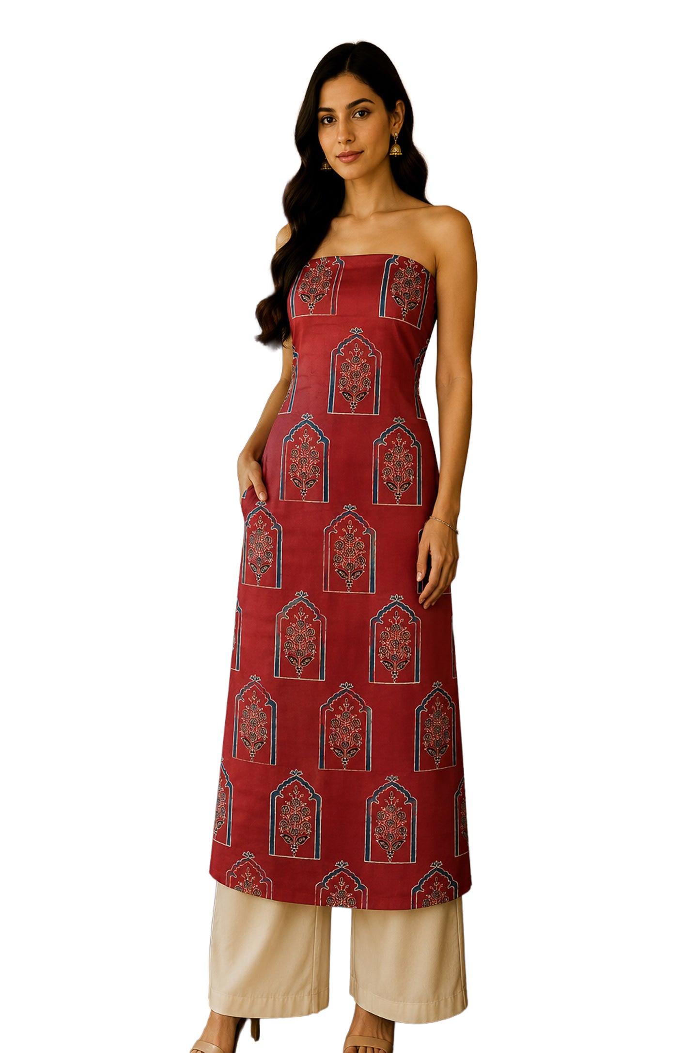 Ajrakh Modal Silk Natural Dye Hand Block Print Unstitched Kurta Fabric   3.00 Mtr Length  -  SKU : AI1710BE