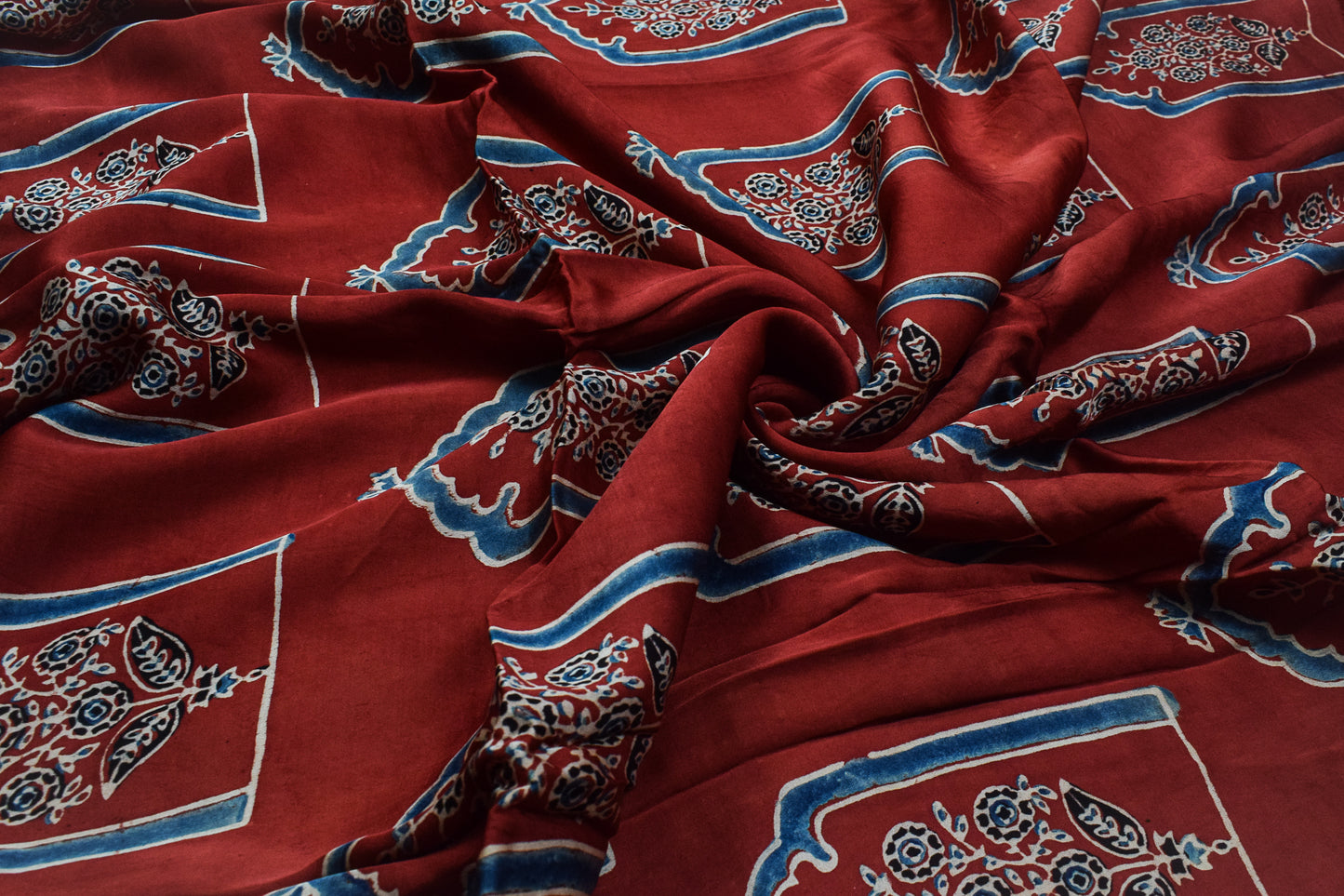 Ajrakh Modal Silk Natural Dye Hand Block Print Unstitched Kurta Fabric   3.00 Mtr Length  -  SKU : AI1710BE