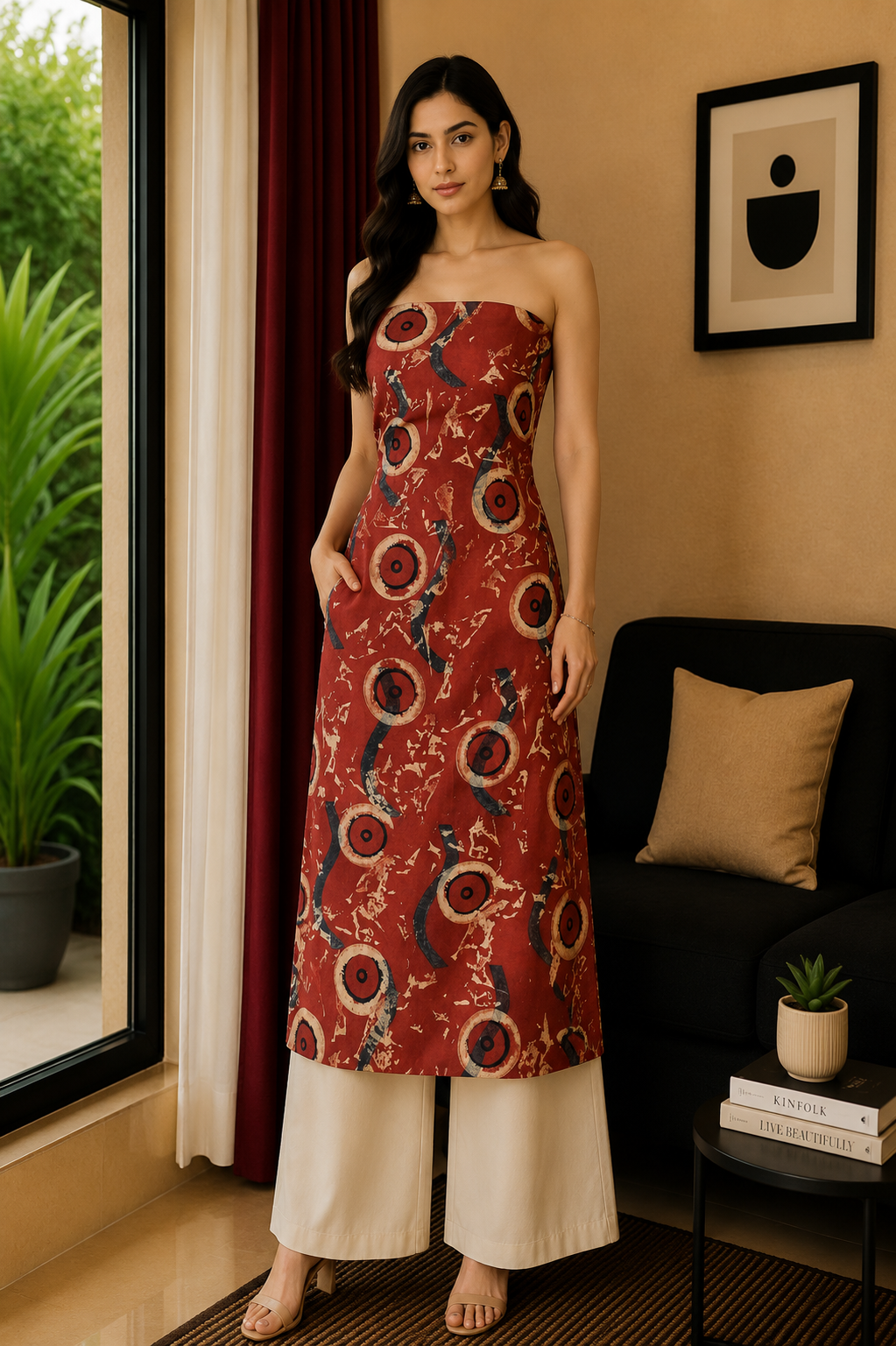 Ajrakh Modal Silk Natural Dye Hand Block Print Unstitched Kurta Fabric   3.00 Mtr Length  -  SKU : AI20102B