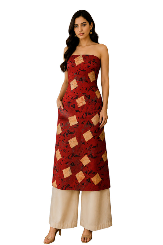 Ajrakh Modal Silk Natural Dye Hand Block Print Unstitched Kurta Fabric   3.00 Mtr Length  -  SKU : AI20102R