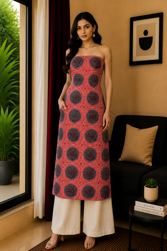 Ajrakh Modal Silk Natural Dye Hand Block Print Unstitched Kurta Fabric   2.5 Mtr  Length  -  SKU : AI22501B
