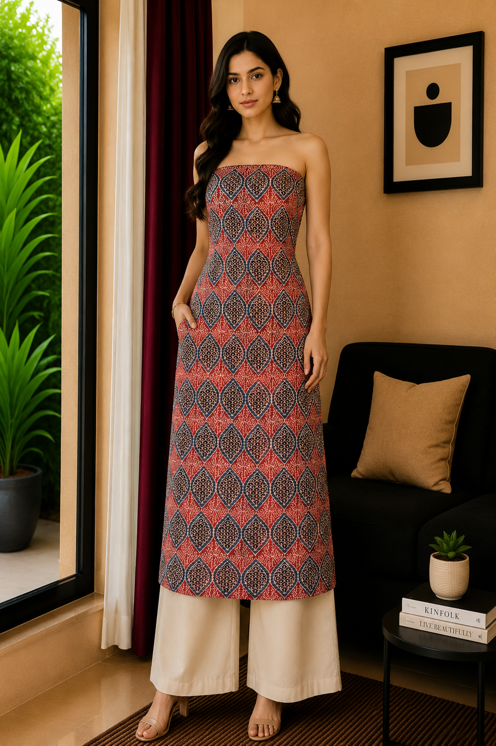 Ajrakh Modal Silk Natural Dye Hand Block Print Unstitched Kurta Fabric   3.0 Mtr  Length  -  SKU : AI22502L