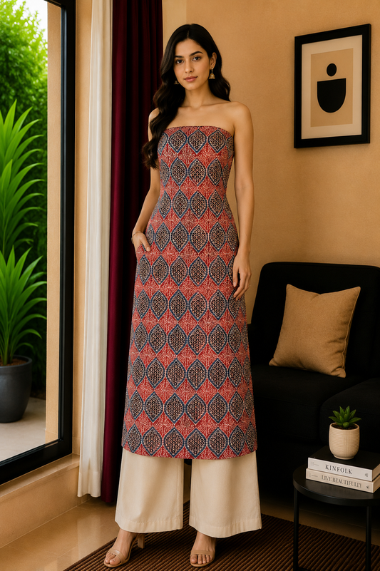 Ajrakh Modal Silk Natural Dye Hand Block Print Unstitched Kurta Fabric   3.0 Mtr  Length  -  SKU : AI22502L