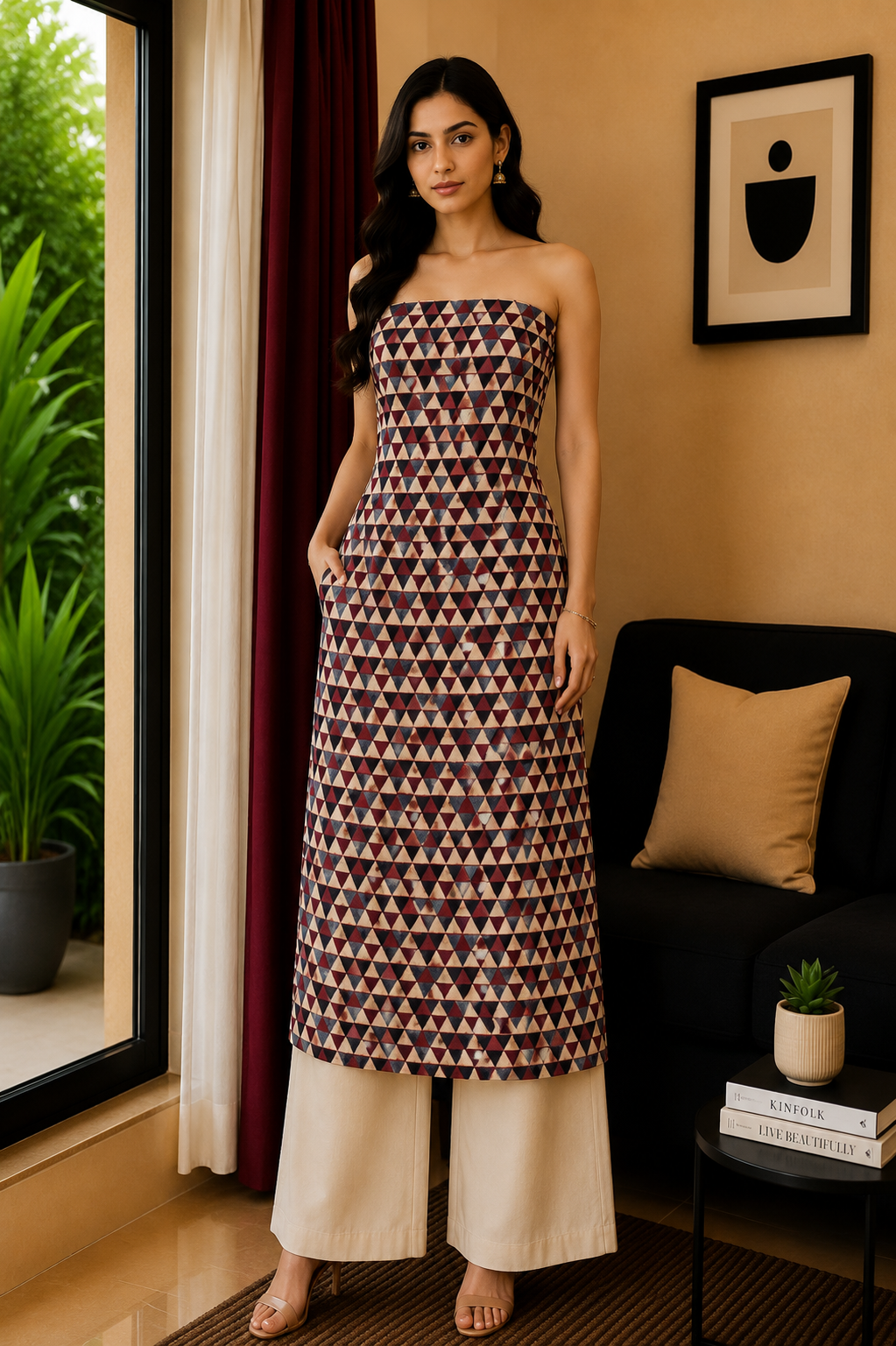 Ajrakh Modal Silk Natural Dye Hand Block Print Unstitched Kurta Fabric  2.50 Mtr Length   -  SKU : AI30101J