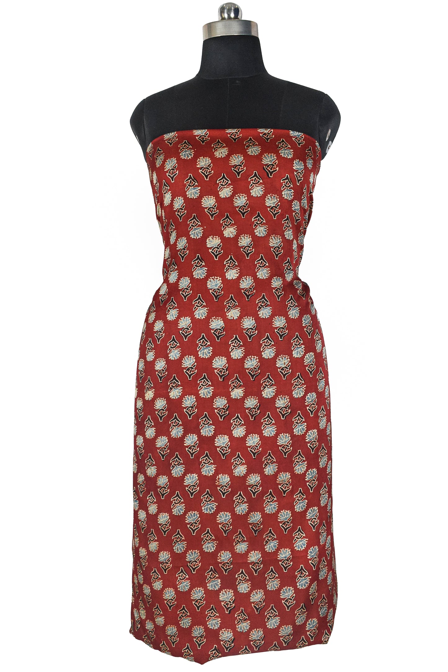 Ajrakh Modal Silk Natural Dye Hand Block Print Unstitched Kurta Fabric  2.50 Mtr Length   -  SKU : AI30101R