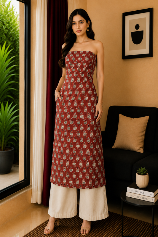 Ajrakh Modal Silk Natural Dye Hand Block Print Unstitched Kurta Fabric   3.00 Mtr Length  -  SKU : AI30102R