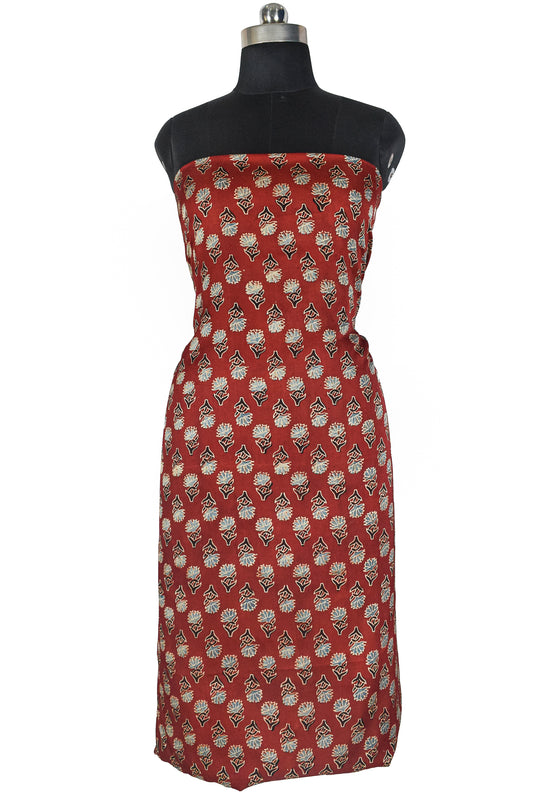 Ajrakh Modal Silk Natural Dye Hand Block Print Unstitched Kurta Fabric   3.00 Mtr Length  -  SKU : AI30102R