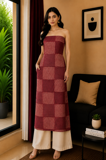 Ajrakh Modal Silk Natural Dye Hand Block Print Unstitched Kurta Fabric  Mtr Length  3 Mtr  Length  -  SKU : ID04902B