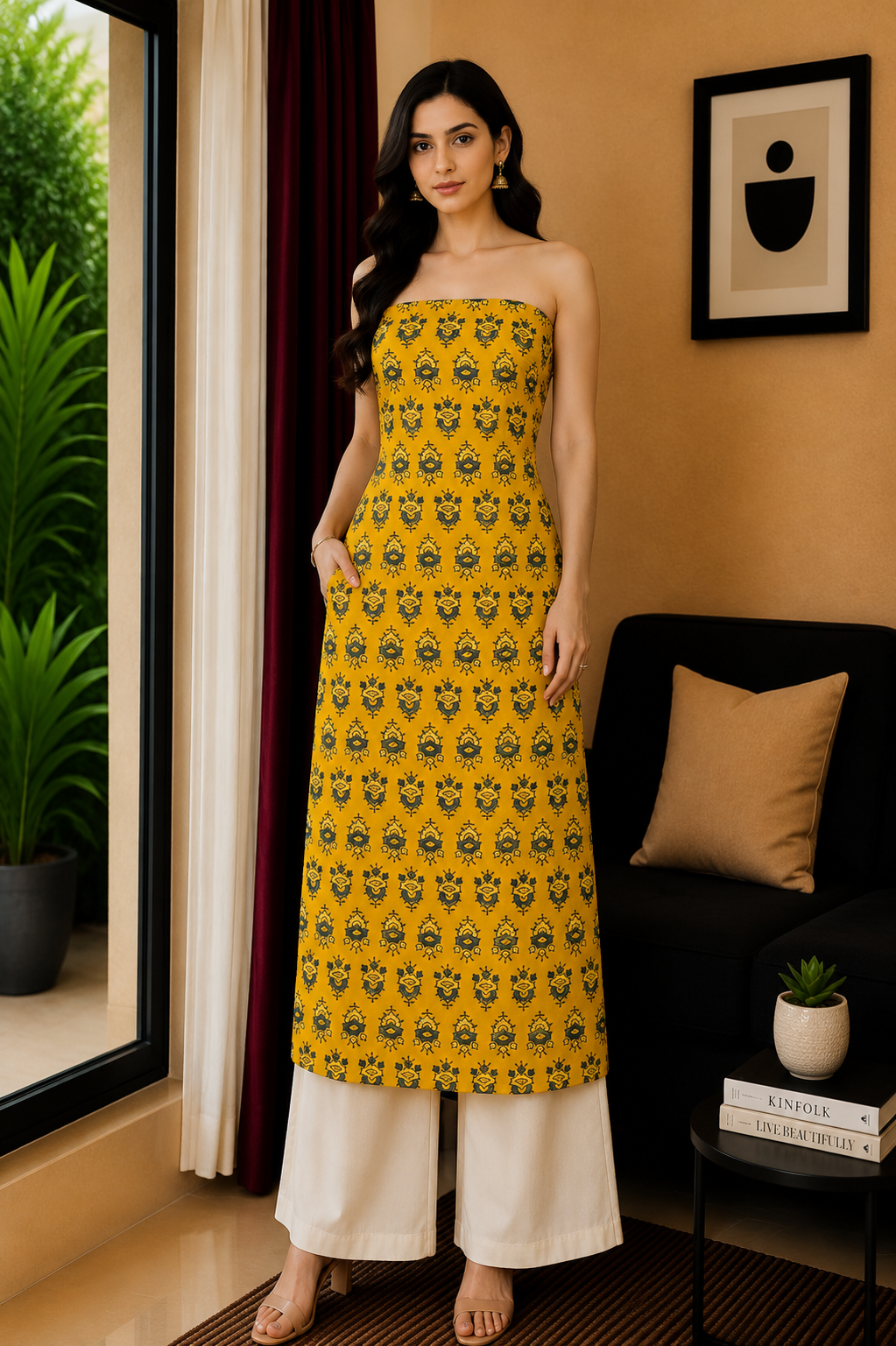 Ajrakh Modal Silk Natural Dye Hand Block Print Unstitched Kurta Fabric  Mtr Length  2.5 Mtr  Length  -  SKU : AI06401O