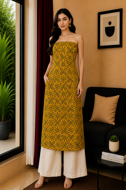 Ajrakh Modal Silk Natural Dye Hand Block Print Unstitched Kurta Fabric  Mtr Length  2.5 Mtr  Length  -  SKU : AI0640AE