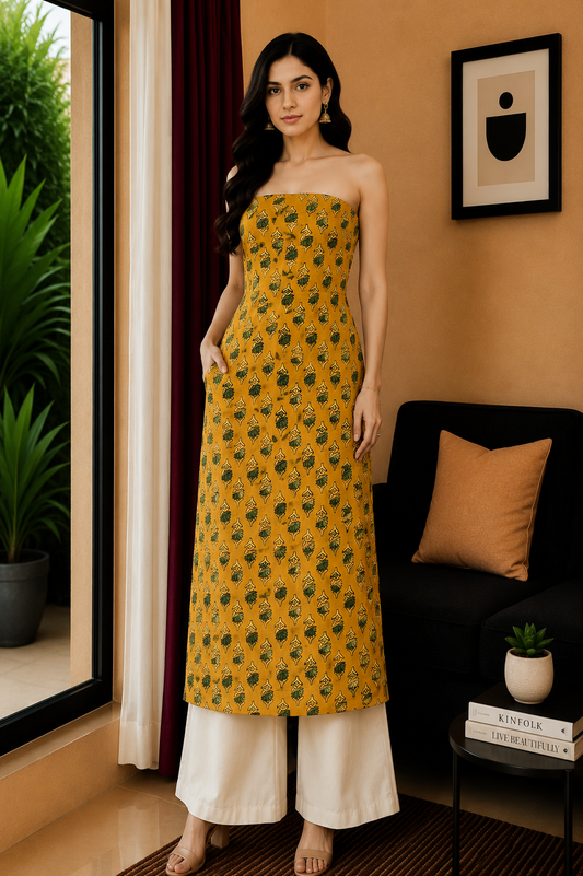 Ajrakh Modal Silk Natural Dye Hand Block Print Unstitched Kurta Fabric  2.50 Mtr Length   -  SKU : AI30101W